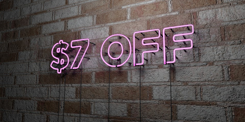 $7 OFF - Glowing Neon Sign on stonework wall - 3D rendered royalty free stock illustration.  Can be used for online banner ads and direct mailers..