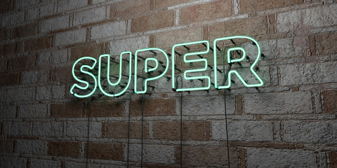 SUPER - Glowing Neon Sign on stonework wall - 3D rendered royalty free stock illustration.  Can be used for online banner ads and direct mailers..