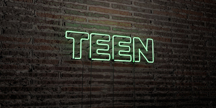 TEEN -Realistic Neon Sign on Brick Wall background - 3D rendered royalty free stock image. Can be used for online banner ads and direct mailers..