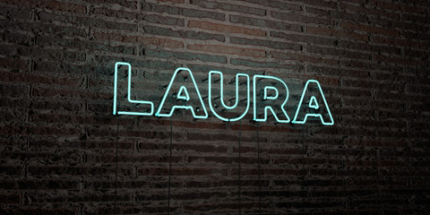 LAURA -Realistic Neon Sign on Brick Wall background - 3D rendered royalty free stock image. Can be used for online banner ads and direct mailers..