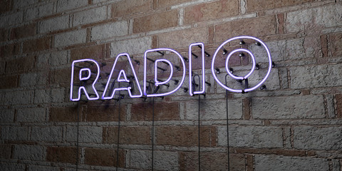 RADIO - Glowing Neon Sign on stonework wall - 3D rendered royalty free stock illustration.  Can be used for online banner ads and direct mailers..