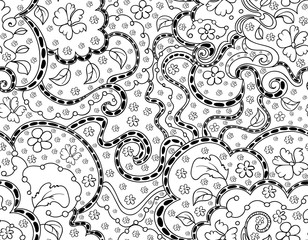 Abstract vector seamless pattern with curling lines, flowers and leaves