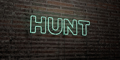 HUNT -Realistic Neon Sign on Brick Wall background - 3D rendered royalty free stock image. Can be used for online banner ads and direct mailers..