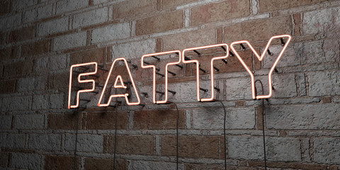 FATTY - Glowing Neon Sign on stonework wall - 3D rendered royalty free stock illustration.  Can be used for online banner ads and direct mailers..