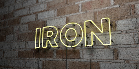 IRON - Glowing Neon Sign on stonework wall - 3D rendered royalty free stock illustration.  Can be used for online banner ads and direct mailers..