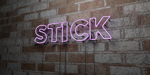 STICK - Glowing Neon Sign on stonework wall - 3D rendered royalty free stock illustration.  Can be used for online banner ads and direct mailers..