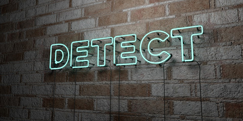 DETECT - Glowing Neon Sign on stonework wall - 3D rendered royalty free stock illustration.  Can be used for online banner ads and direct mailers..