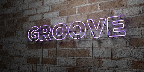 GROOVE - Glowing Neon Sign on stonework wall - 3D rendered royalty free stock illustration.  Can be used for online banner ads and direct mailers..
