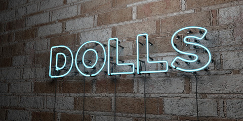 DOLLS - Glowing Neon Sign on stonework wall - 3D rendered royalty free stock illustration.  Can be used for online banner ads and direct mailers..