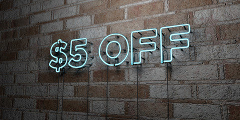 $5 OFF - Glowing Neon Sign on stonework wall - 3D rendered royalty free stock illustration.  Can be used for online banner ads and direct mailers..
