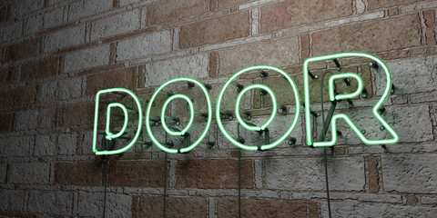 DOOR - Glowing Neon Sign on stonework wall - 3D rendered royalty free stock illustration.  Can be used for online banner ads and direct mailers..