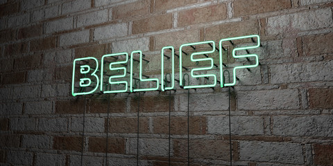 BELIEF - Glowing Neon Sign on stonework wall - 3D rendered royalty free stock illustration.  Can be used for online banner ads and direct mailers..