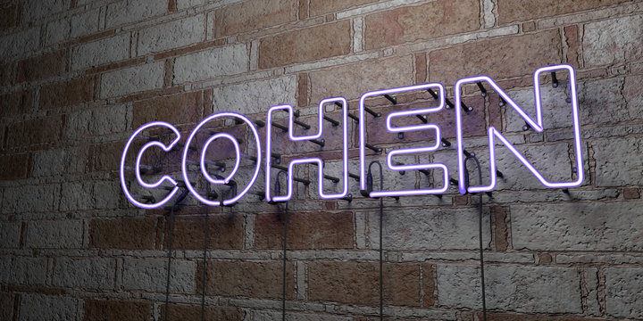 COHEN - Glowing Neon Sign on stonework wall - 3D rendered royalty free stock illustration.  Can be used for online banner ads and direct mailers..
