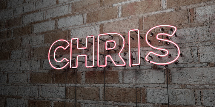CHRIS - Glowing Neon Sign on stonework wall - 3D rendered royalty free stock illustration.  Can be used for online banner ads and direct mailers..