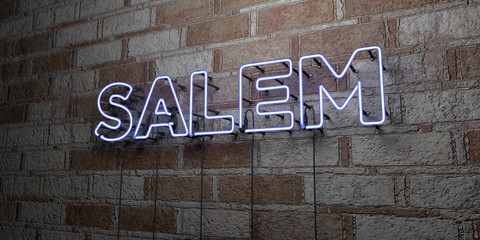 SALEM - Glowing Neon Sign on stonework wall - 3D rendered royalty free stock illustration.  Can be used for online banner ads and direct mailers..