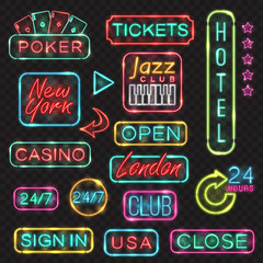 Neon signs. Vector neon lights illustrations icons for poker, casino, London, New York, USA, sign in, open, hotel, jazz club designs. - obrazy, fototapety, plakaty