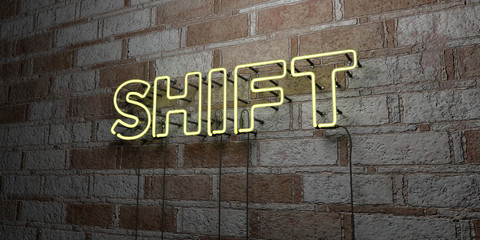 SHIFT - Glowing Neon Sign on stonework wall - 3D rendered royalty free stock illustration.  Can be used for online banner ads and direct mailers..