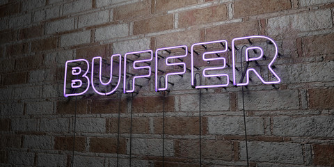 BUFFER - Glowing Neon Sign on stonework wall - 3D rendered royalty free stock illustration.  Can be used for online banner ads and direct mailers..