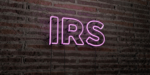 IRS -Realistic Neon Sign on Brick Wall background - 3D rendered royalty free stock image. Can be used for online banner ads and direct mailers.. - obrazy, fototapety, plakaty