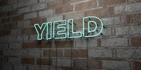 YIELD - Glowing Neon Sign on stonework wall - 3D rendered royalty free stock illustration.  Can be used for online banner ads and direct mailers..