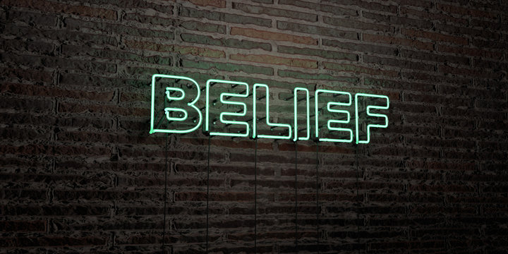 BELIEF -Realistic Neon Sign on Brick Wall background - 3D rendered royalty free stock image. Can be used for online banner ads and direct mailers..