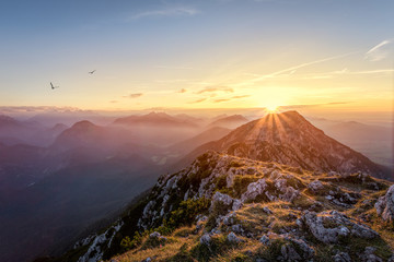Mountain summit landscape at sunset - obrazy, fototapety, plakaty