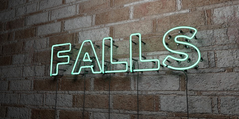 FALLS - Glowing Neon Sign on stonework wall - 3D rendered royalty free stock illustration.  Can be used for online banner ads and direct mailers..
