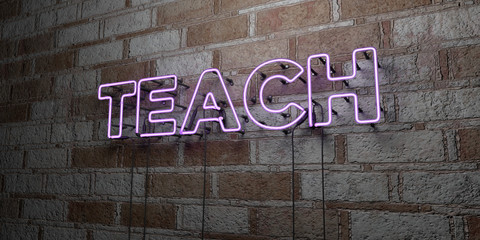 TEACH - Glowing Neon Sign on stonework wall - 3D rendered royalty free stock illustration.  Can be used for online banner ads and direct mailers..