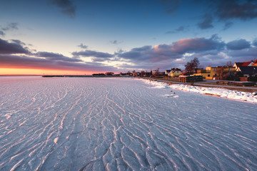 Frozen Bay of Puck. Winter landscape on Hel Peninsula. Poland, Europe.