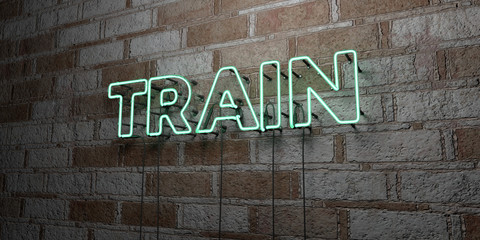 TRAIN - Glowing Neon Sign on stonework wall - 3D rendered royalty free stock illustration.  Can be used for online banner ads and direct mailers..