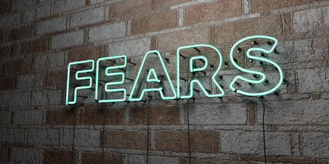 FEARS - Glowing Neon Sign on stonework wall - 3D rendered royalty free stock illustration.  Can be used for online banner ads and direct mailers..