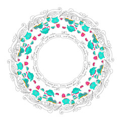 Cup, teapot on white background and handwritten words.