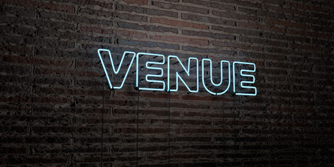 VENUE -Realistic Neon Sign on Brick Wall background - 3D rendered royalty free stock image. Can be used for online banner ads and direct mailers..