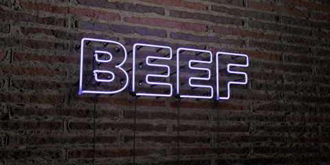 BEEF -Realistic Neon Sign on Brick Wall background - 3D rendered royalty free stock image. Can be used for online banner ads and direct mailers..