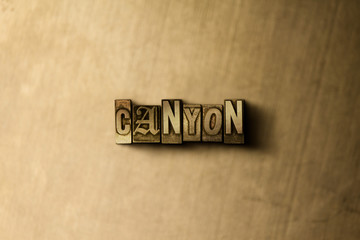 CANYON - close-up of grungy vintage typeset word on metal backdrop. Royalty free stock - 3D rendered stock image.  Can be used for online banner ads and direct mail.