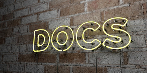 DOCS - Glowing Neon Sign on stonework wall - 3D rendered royalty free stock illustration.  Can be used for online banner ads and direct mailers..