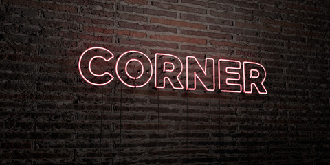 CORNER -Realistic Neon Sign on Brick Wall background - 3D rendered royalty free stock image. Can be used for online banner ads and direct mailers..