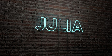 JULIA -Realistic Neon Sign on Brick Wall background - 3D rendered royalty free stock image. Can be used for online banner ads and direct mailers.. - obrazy, fototapety, plakaty