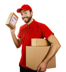 funny delivery service man with boxes isolated on white backgrou
