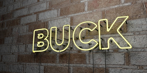 BUCK - Glowing Neon Sign on stonework wall - 3D rendered royalty free stock illustration.  Can be used for online banner ads and direct mailers..