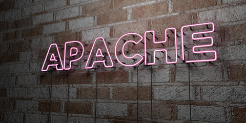 APACHE - Glowing Neon Sign on stonework wall - 3D rendered royalty free stock illustration.  Can be used for online banner ads and direct mailers..