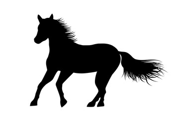 Black silhouette of horse with swinging mane and tail