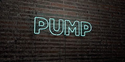PUMP -Realistic Neon Sign on Brick Wall background - 3D rendered royalty free stock image. Can be used for online banner ads and direct mailers..