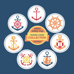 Fototapeta premium Set of marine icons in circles. Vector sea navigation element. Freehand drawn sailboat symbol. Stylized steering wheel, anchor, rope nautical colors. Sail advertisement label background, logo template
