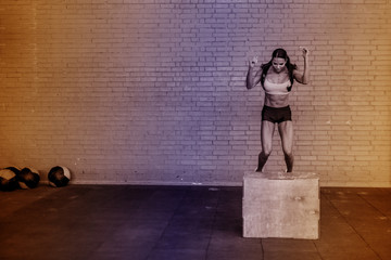 young woman working out with a box at the gym. Young female athlete box jumping at a crossfit gym.