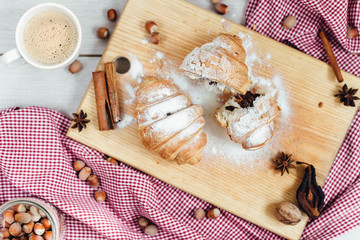 Fresh homemade croissants on a red napkin