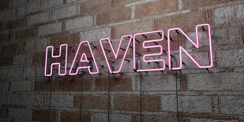 HAVEN - Glowing Neon Sign on stonework wall - 3D rendered royalty free stock illustration.  Can be used for online banner ads and direct mailers..