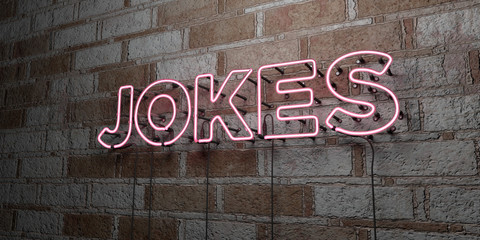 JOKES - Glowing Neon Sign on stonework wall - 3D rendered royalty free stock illustration.  Can be used for online banner ads and direct mailers..