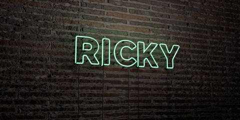 RICKY -Realistic Neon Sign on Brick Wall background - 3D rendered royalty free stock image. Can be used for online banner ads and direct mailers..