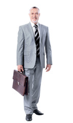 Full body portrait of happy smiling business man, isolated on white background